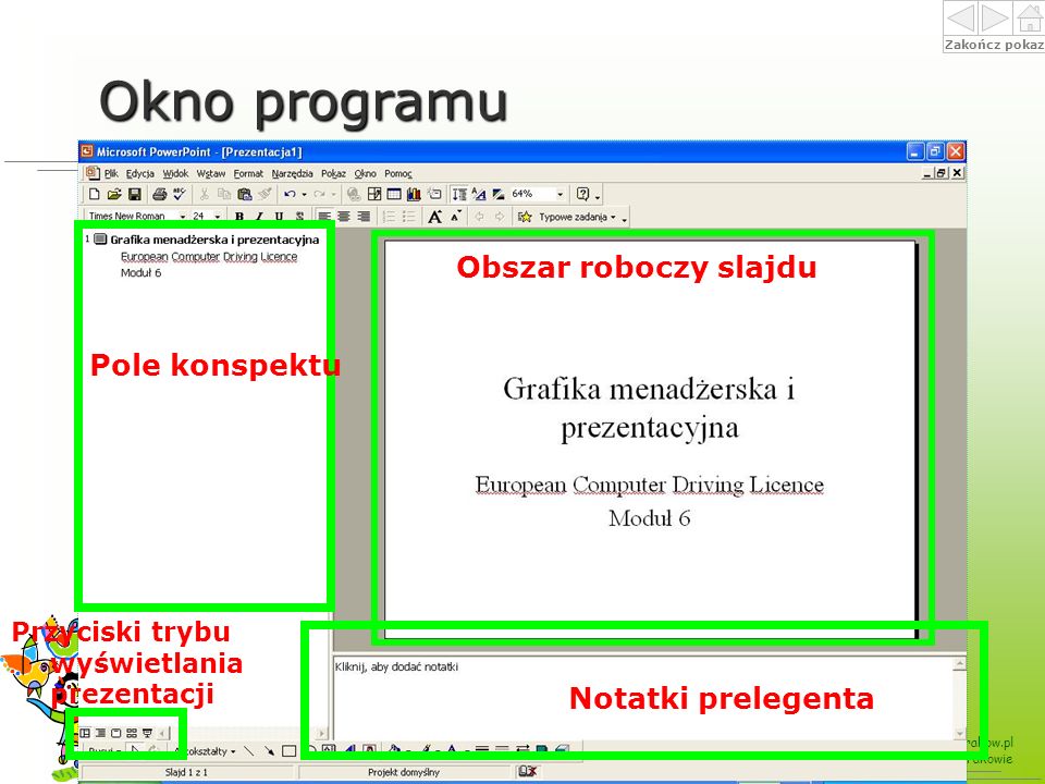 Okno programu Obszar roboczy slajdu Pole konspektu Notatki prelegenta