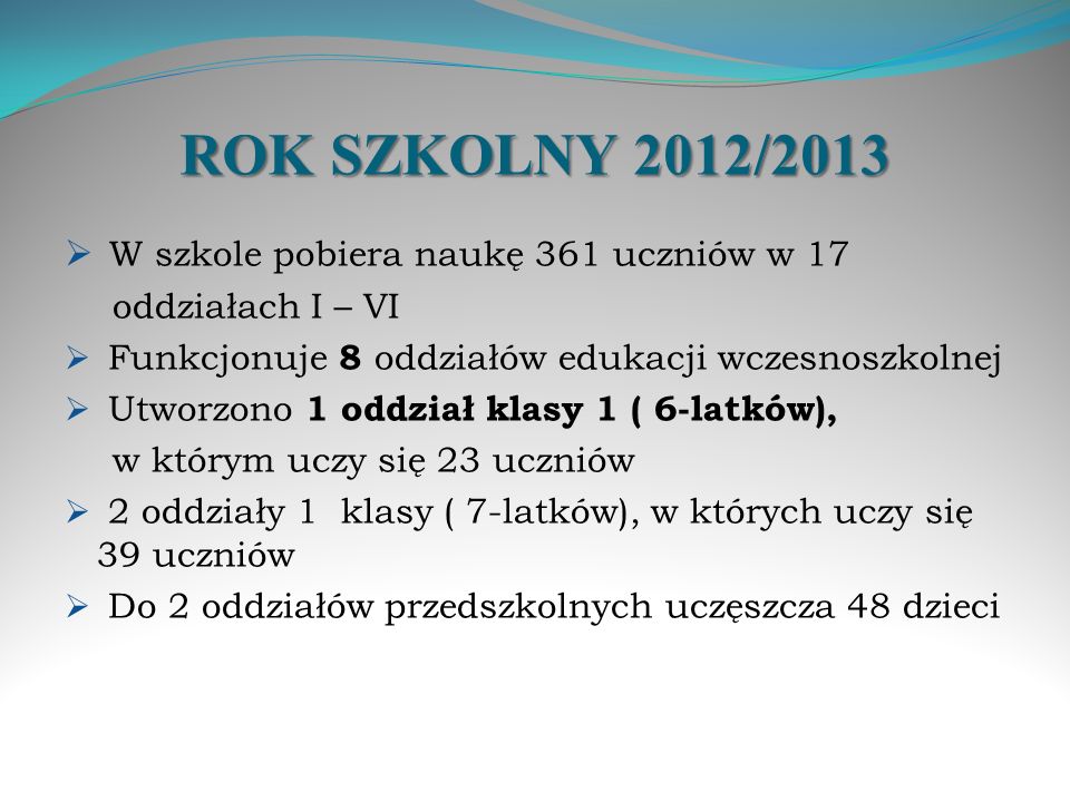 ROK SZKOLNY 2012/2013 W szkole pobiera naukę 361 uczniów w 17
