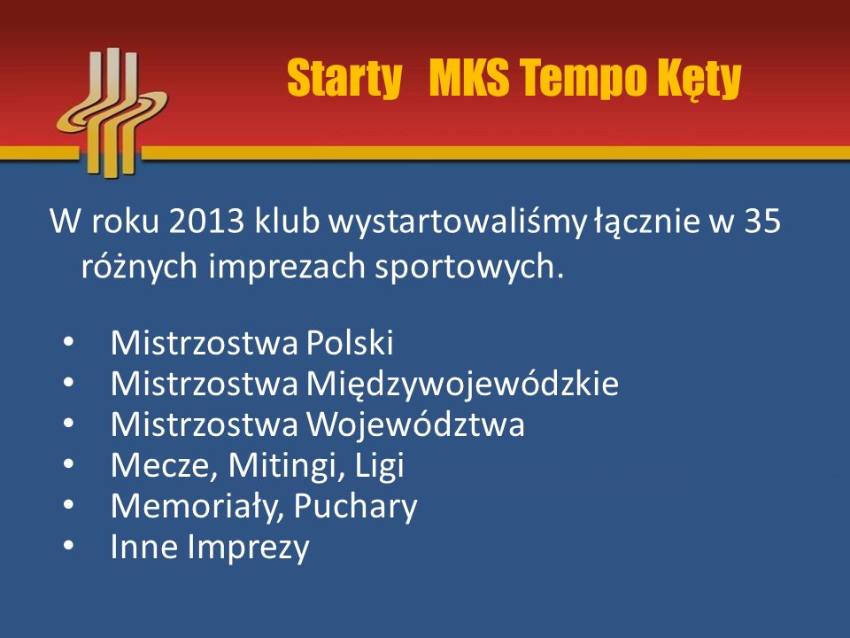 Starty MKS Tempo Kęty W roku 2013 klub wystartowaliśmy łącznie w 35 różnych imprezach sportowych.