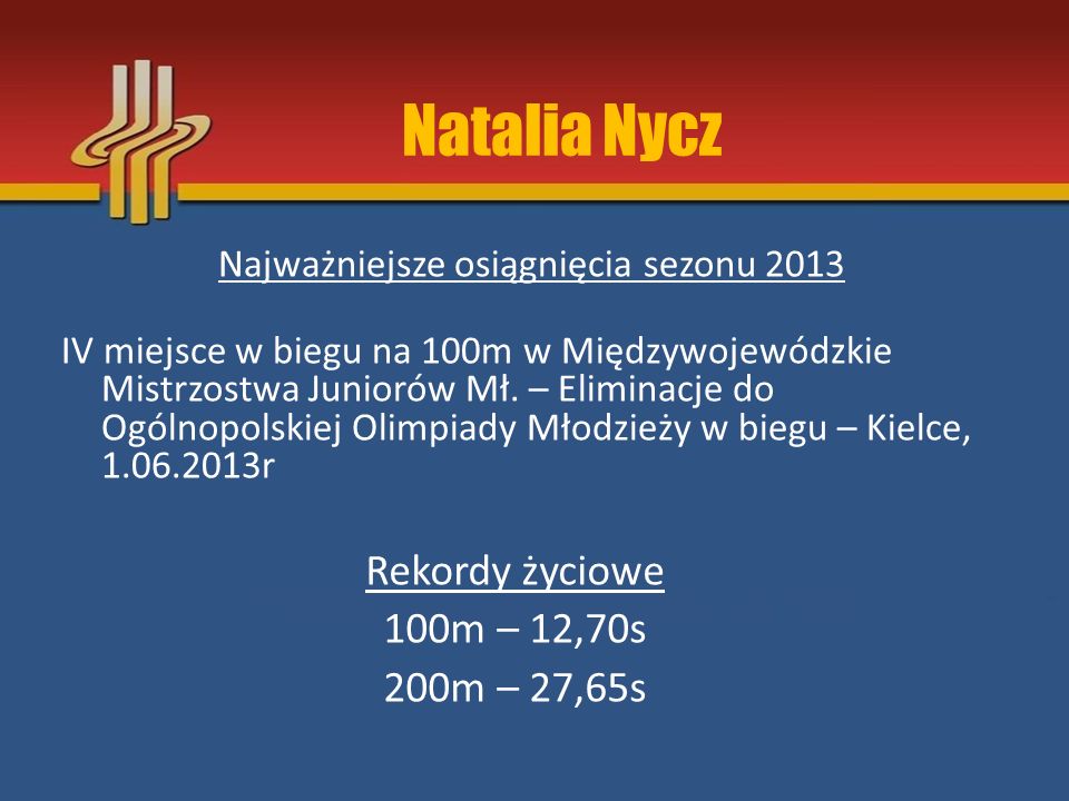 Natalia Nycz Rekordy życiowe 100m – 12,70s 200m – 27,65s