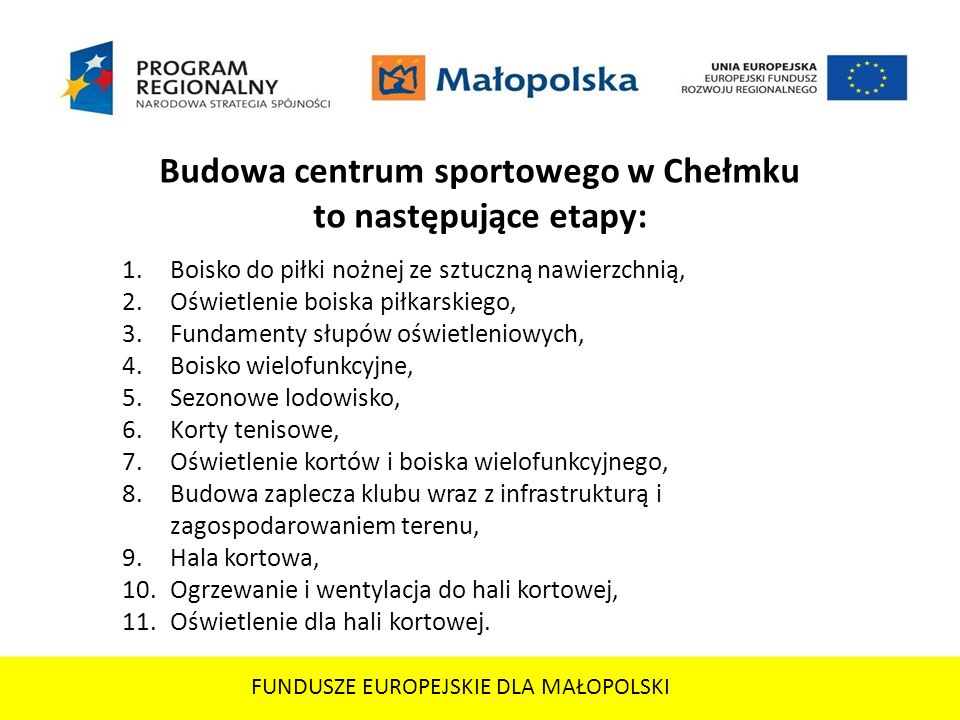 Budowa centrum sportowego w Chełmku to następujące etapy: