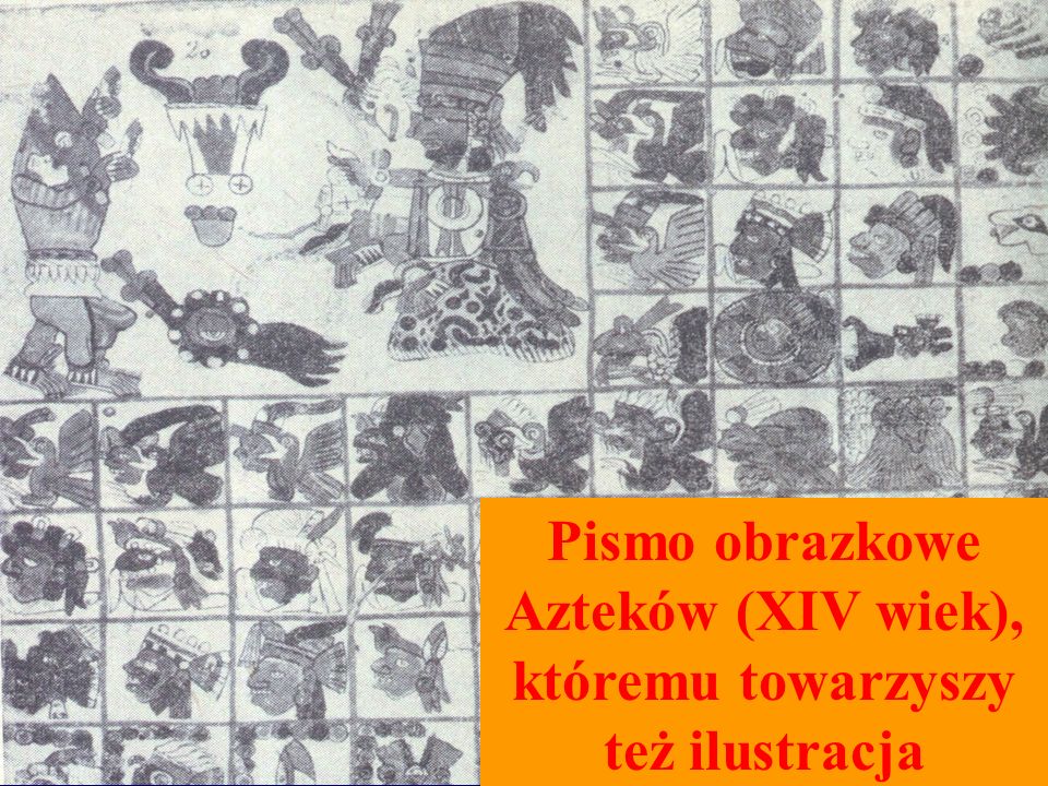 Pismo obrazkowe Azteków (XIV wiek), któremu towarzyszy też ilustracja