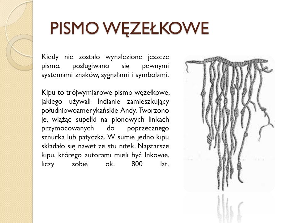 PISMO WĘZEŁKOWE Kiedy nie zostało wynalezione jeszcze pismo, posługiwano się pewnymi systemami znaków, sygnałami i symbolami.
