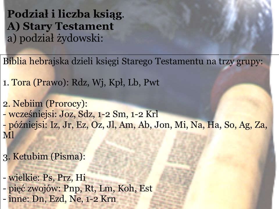 Podział i liczba ksiąg. A) Stary Testament a) podział żydowski: