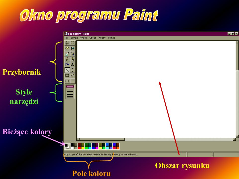 Okno programu Paint Przybornik Style narzędzi Bieżące kolory