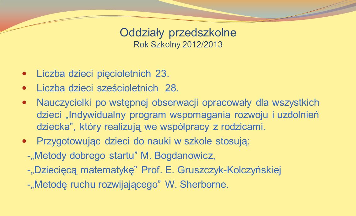 Oddziały przedszkolne Rok Szkolny 2012/2013