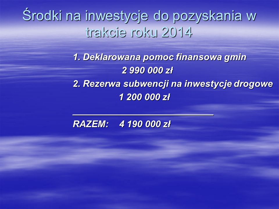 Środki na inwestycje do pozyskania w trakcie roku 2014