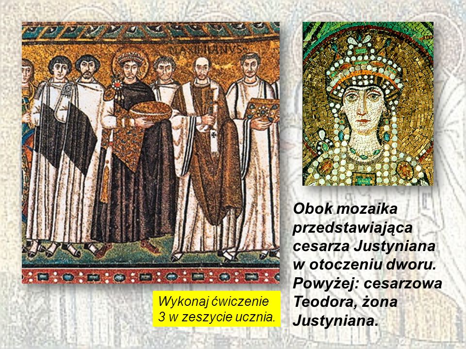 Obok mozaika przedstawiająca cesarza Justyniana w otoczeniu dworu.