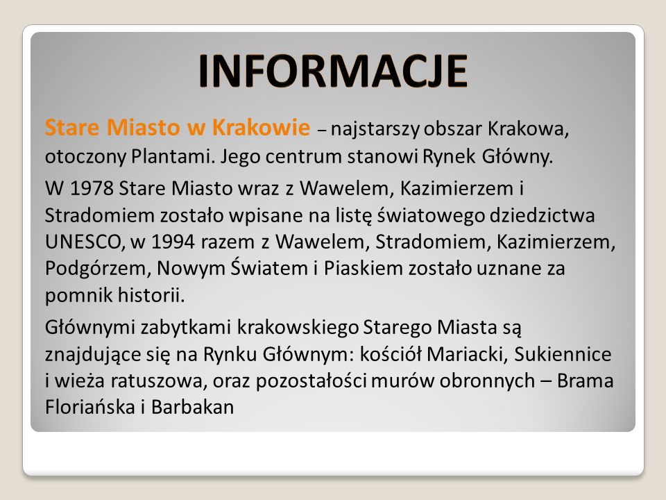 Informacje Stare Miasto w Krakowie – najstarszy obszar Krakowa, otoczony Plantami. Jego centrum stanowi Rynek Główny.