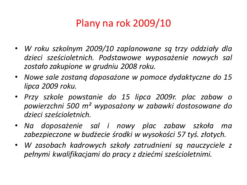 Plany na rok 2009/10