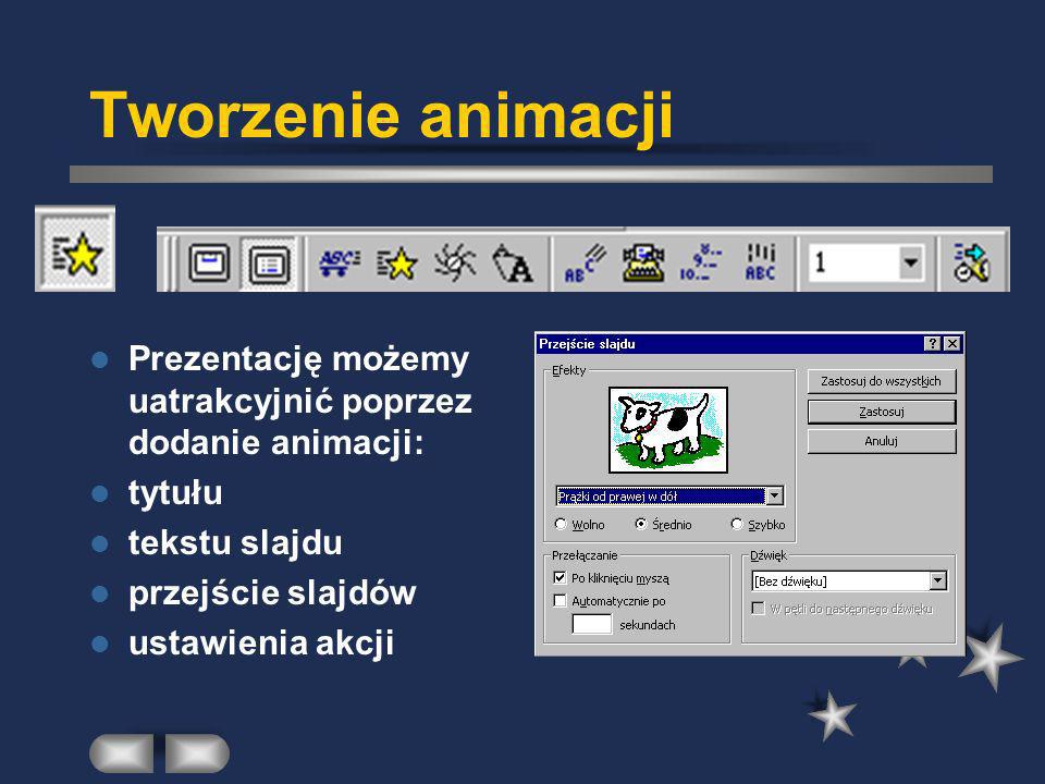 Tworzenie animacji Prezentację możemy uatrakcyjnić poprzez dodanie animacji: tytułu. tekstu slajdu.