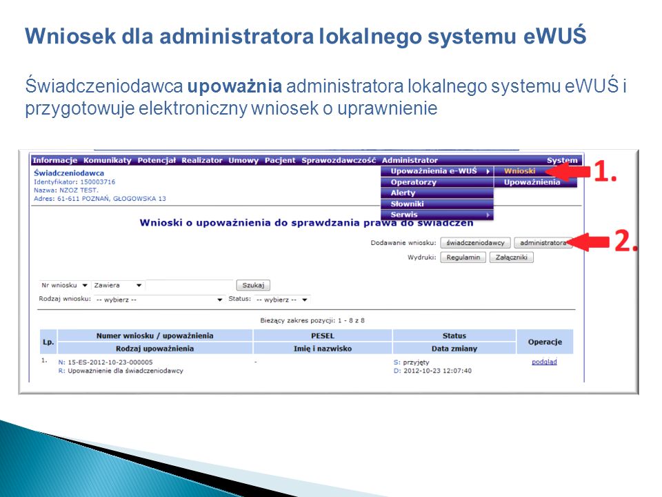 Wniosek dla administratora lokalnego systemu eWUŚ