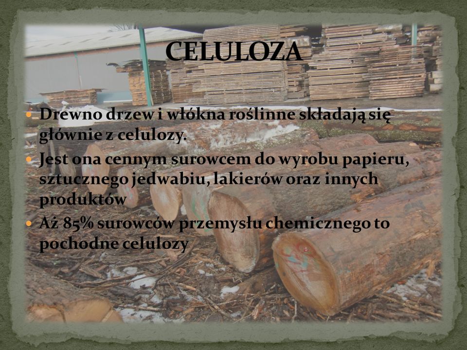 CELULOZA Drewno drzew i włókna roślinne składają się głównie z celulozy.