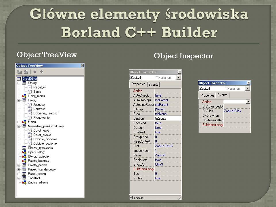 Główne elementy środowiska Borland C++ Builder