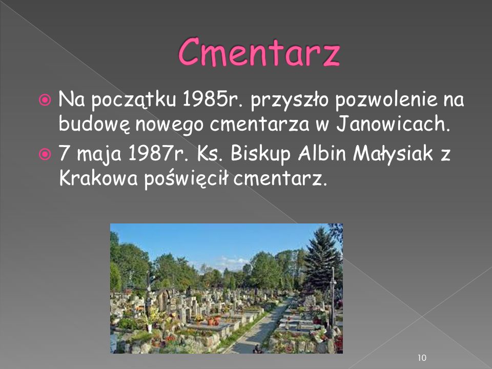 Cmentarz Na początku 1985r. przyszło pozwolenie na budowę nowego cmentarza w Janowicach.