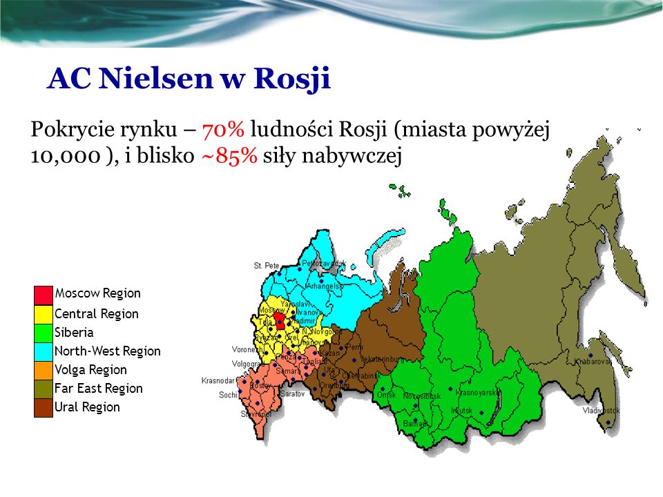 AC Nielsen w Rosji Pokrycie rynku – 70% ludności Rosji (miasta powyżej 10,000 ), i blisko ~85% siły nabywczej.