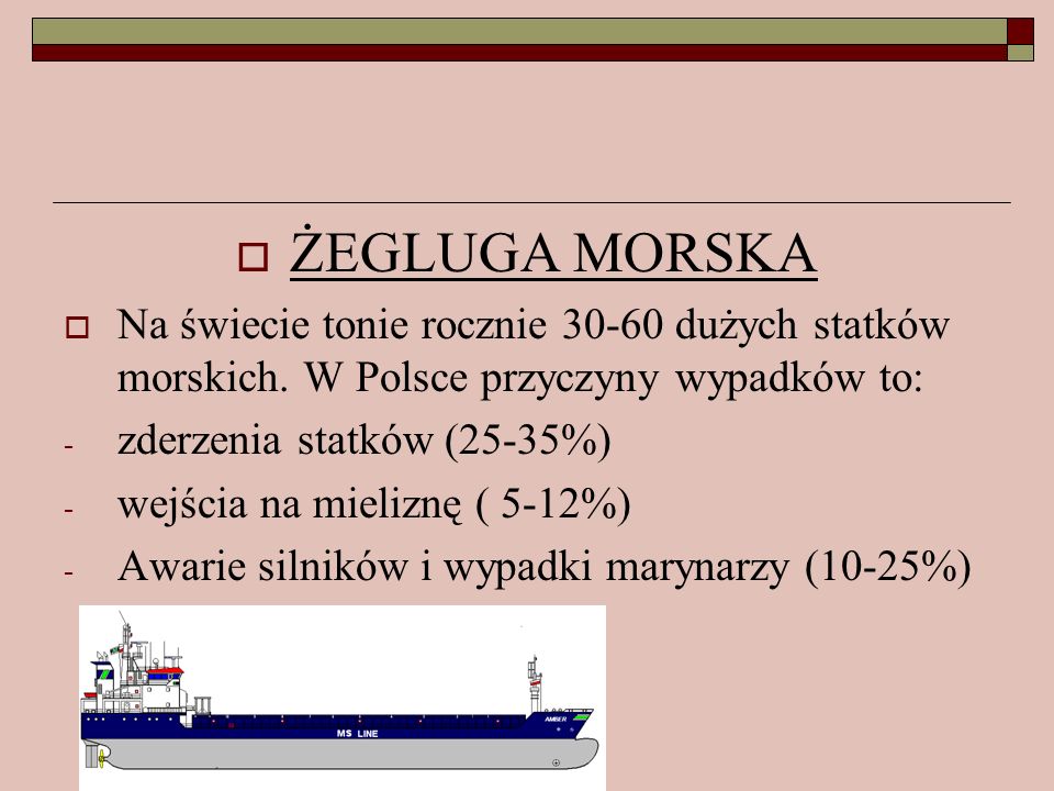 ŻEGLUGA MORSKA Na świecie tonie rocznie dużych statków morskich. W Polsce przyczyny wypadków to: