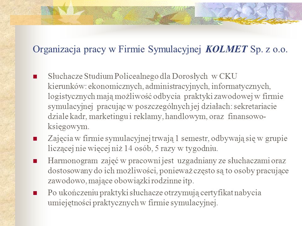 Organizacja pracy w Firmie Symulacyjnej KOLMET Sp. z o.o.