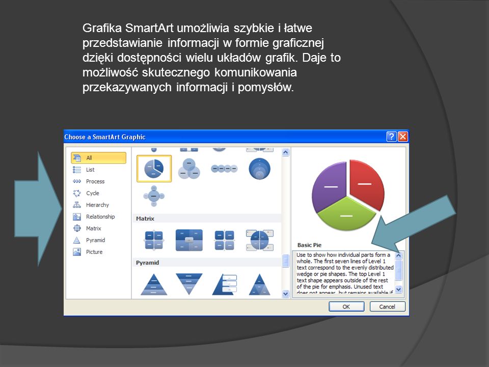 Grafika SmartArt umożliwia szybkie i łatwe przedstawianie informacji w formie graficznej dzięki dostępności wielu układów grafik.