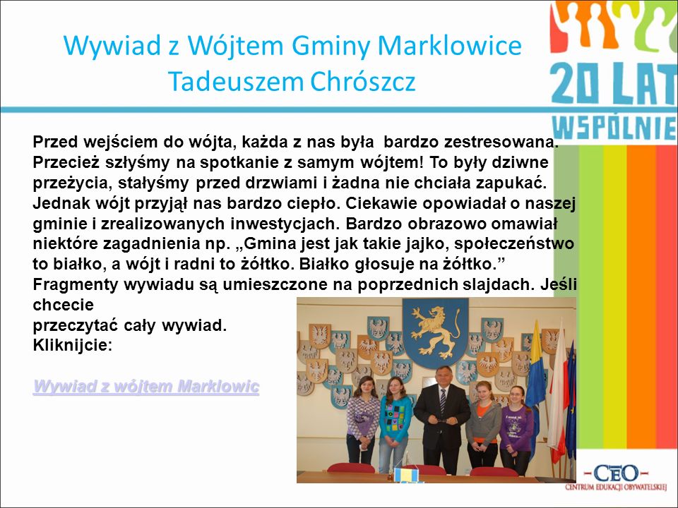 Wywiad z Wójtem Gminy Marklowice Tadeuszem Chrószcz