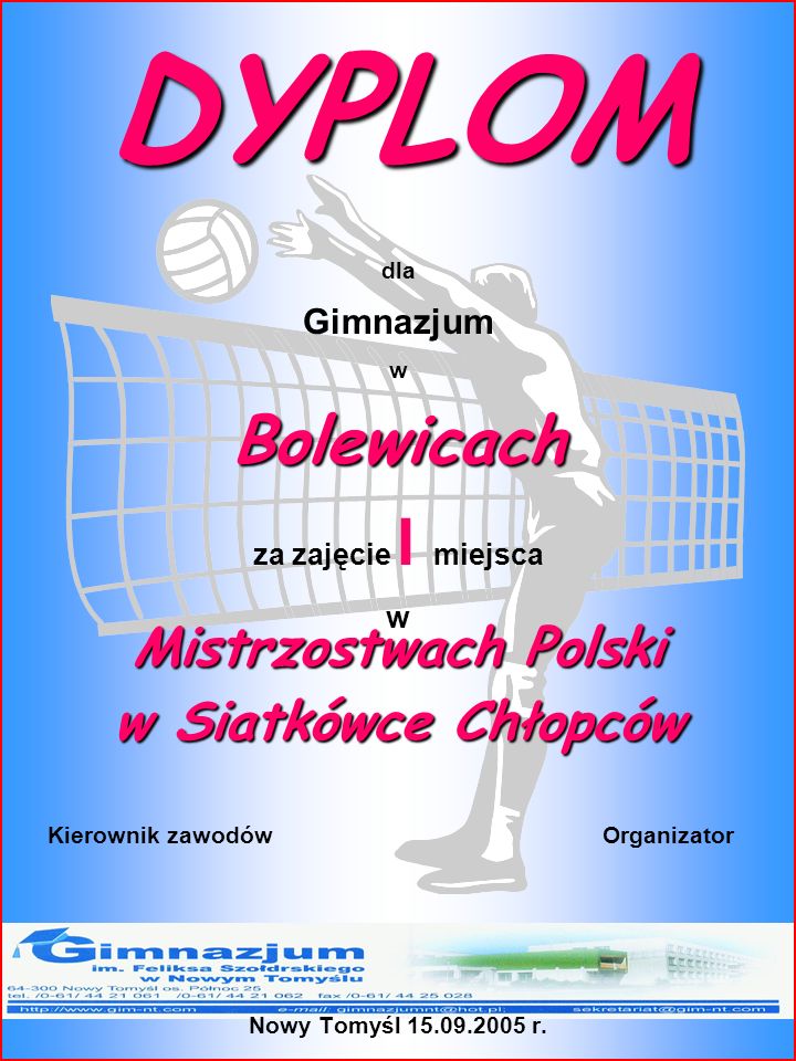 DYPLOM Bolewicach Mistrzostwach Polski w Siatkówce Chłopców Gimnazjum