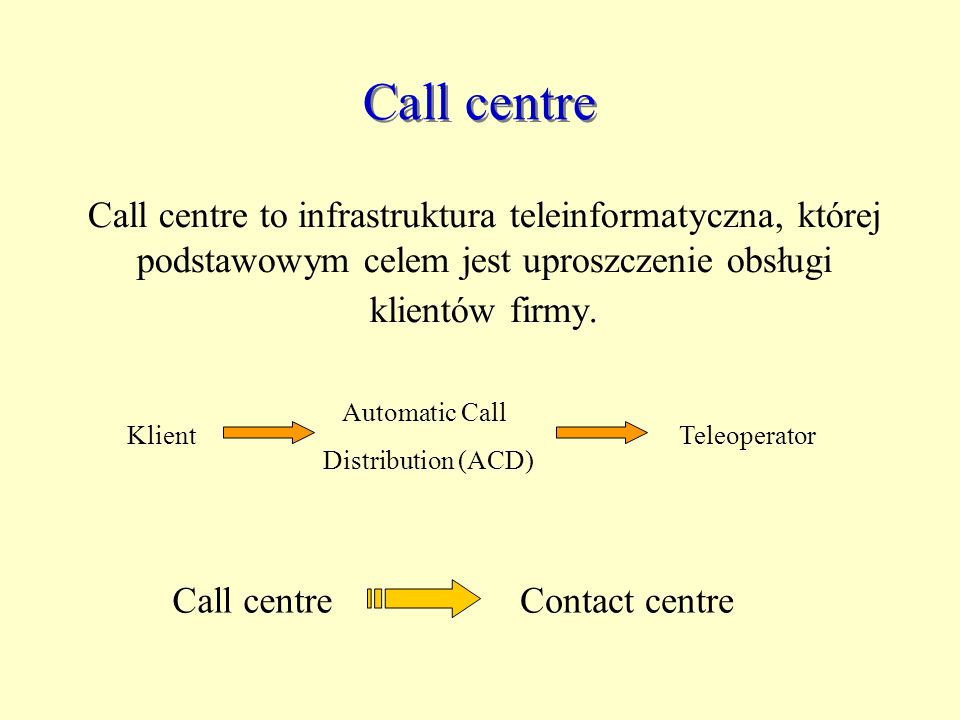 Call centre Call centre to infrastruktura teleinformatyczna, której podstawowym celem jest uproszczenie obsługi klientów firmy.