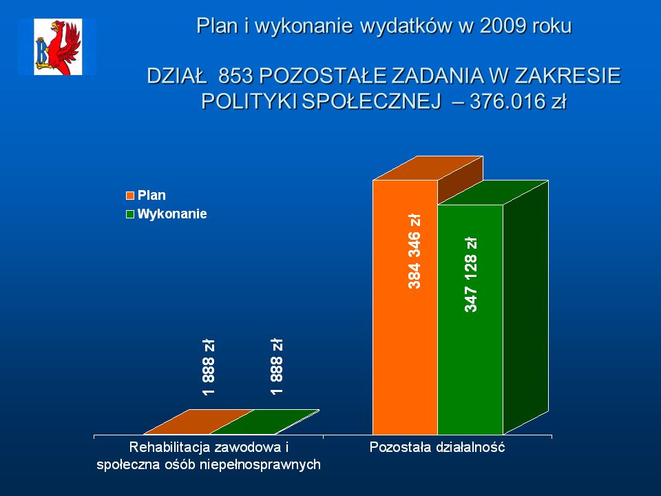 Plan i wykonanie wydatków w 2009 roku DZIAŁ 853 POZOSTAŁE ZADANIA W ZAKRESIE POLITYKI SPOŁECZNEJ – zł