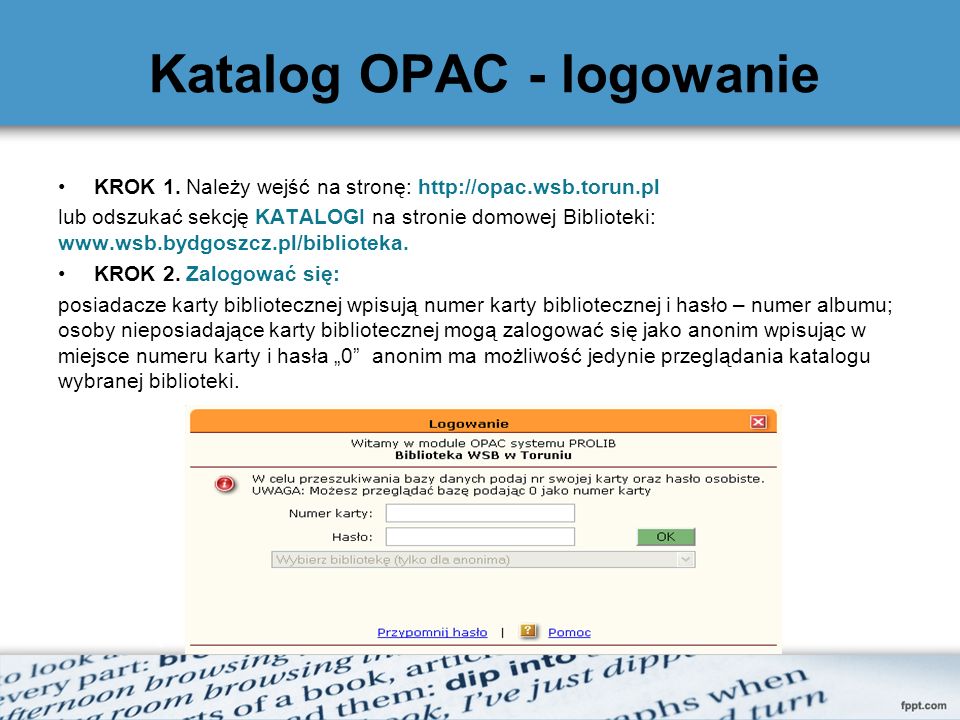 Katalog OPAC - logowanie