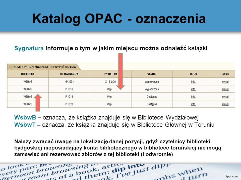 Katalog OPAC - oznaczenia
