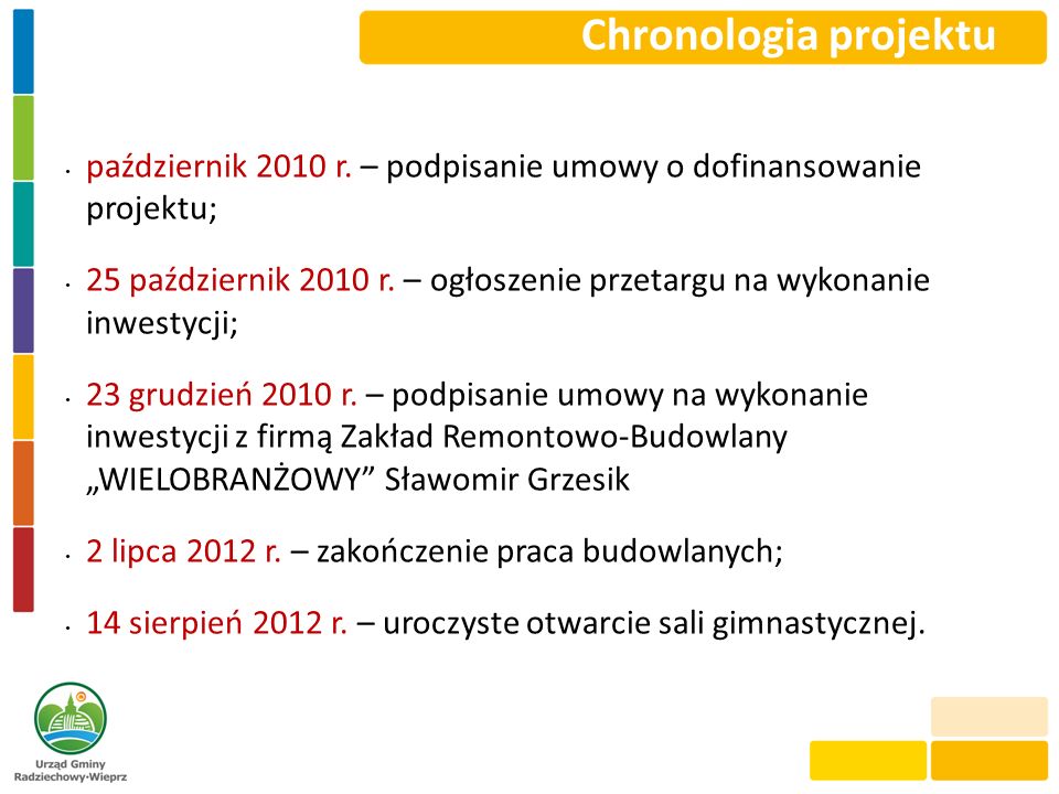 Chronologia projektu październik 2010 r. – podpisanie umowy o dofinansowanie projektu;