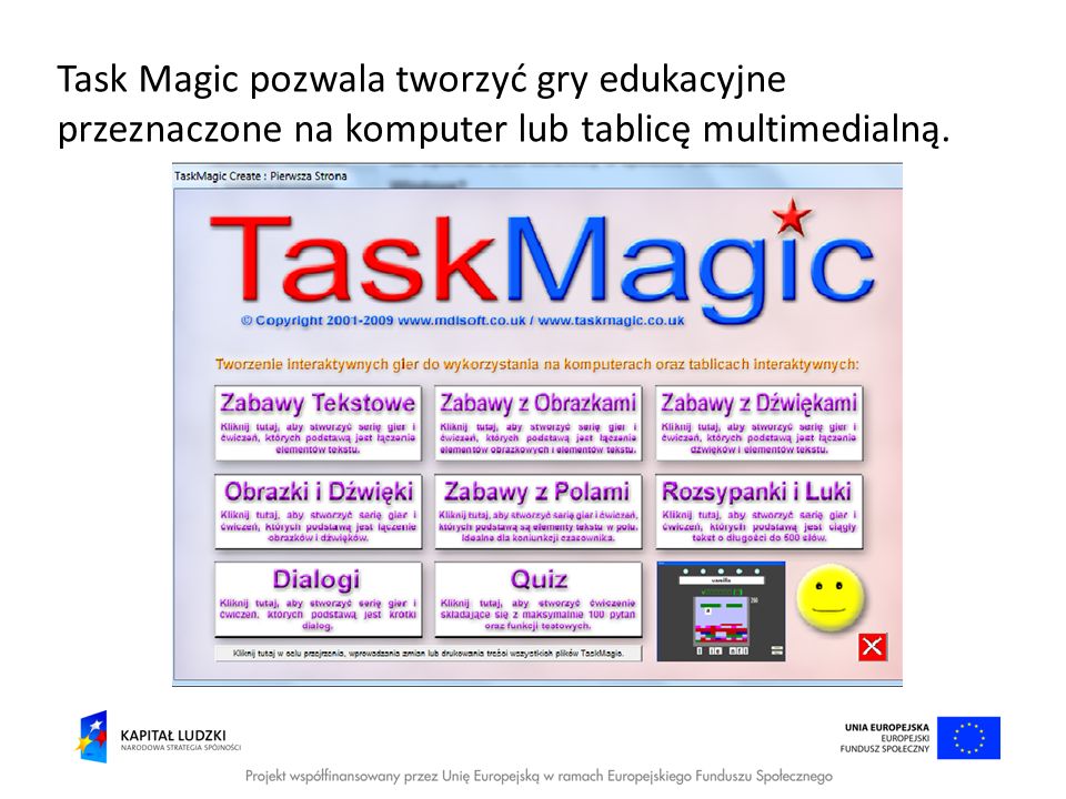 Task Magic pozwala tworzyć gry edukacyjne przeznaczone na komputer lub tablicę multimedialną.