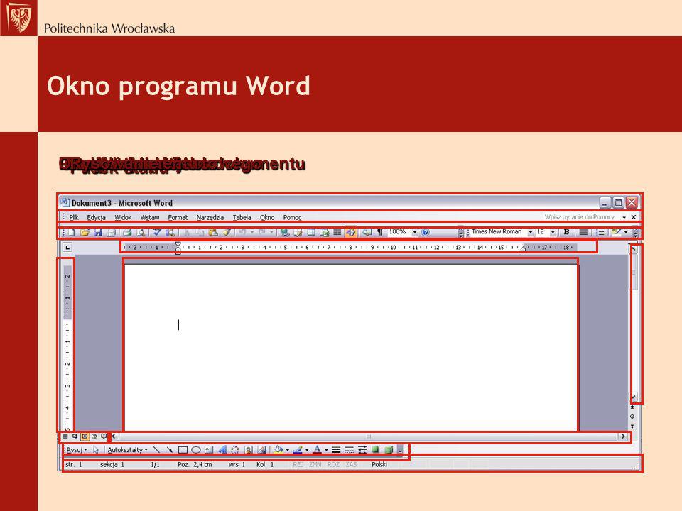 Okno programu Word Pasek narzędzi Okno dokumentu Pasek menu tekstowego