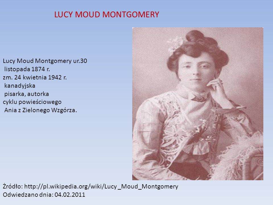 LUCY MOUD MONTGOMERY Lucy Moud Montgomery ur.30 listopada 1874 r.