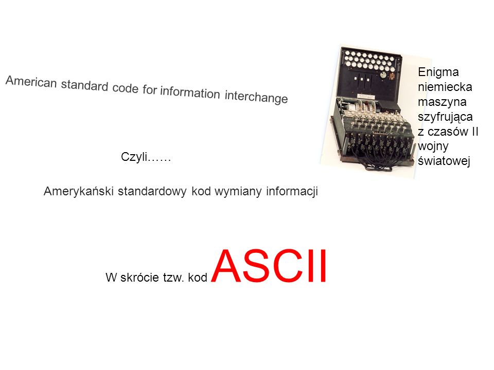 Enigma niemiecka. maszyna szyfrująca z czasów II wojny światowej. American standard code for information interchange.