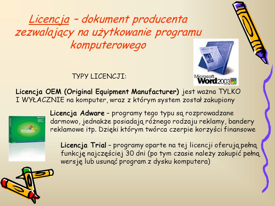 Licencja – dokument producenta zezwalający na użytkowanie programu komputerowego