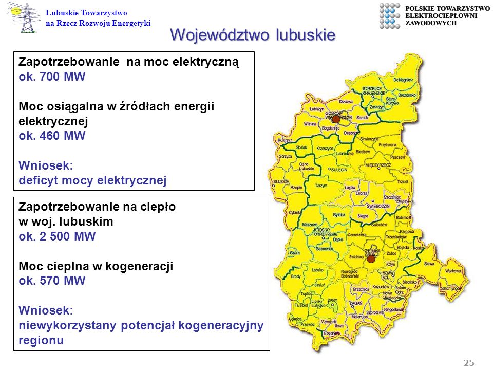 Województwo lubuskie Zapotrzebowanie na moc elektryczną ok. 700 MW