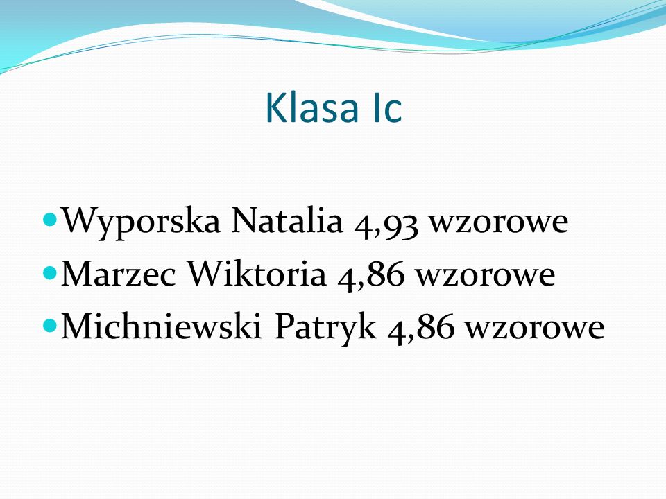 Klasa Ic Wyporska Natalia 4,93 wzorowe Marzec Wiktoria 4,86 wzorowe