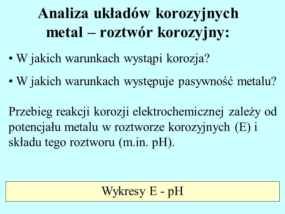 Analiza układów korozyjnych metal – roztwór korozyjny: