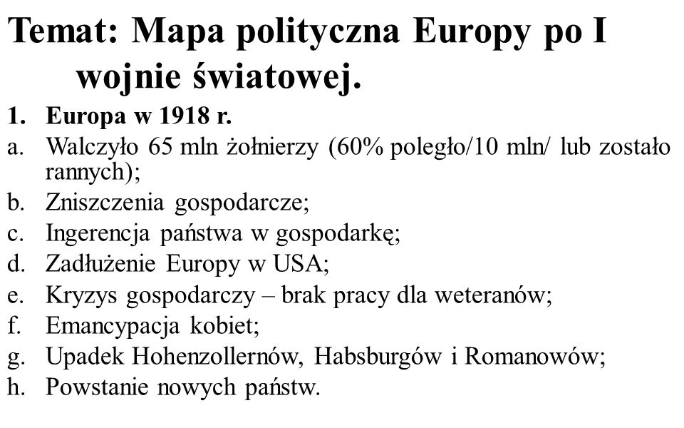 Temat: Mapa polityczna Europy po I wojnie światowej.
