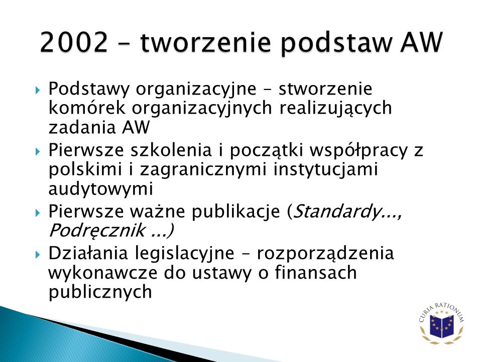 2002 – tworzenie podstaw AW Podstawy organizacyjne – stworzenie komórek organizacyjnych realizujących zadania AW.