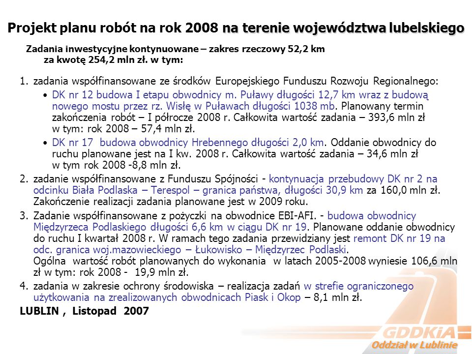 Projekt planu robót na rok 2008 na terenie województwa lubelskiego