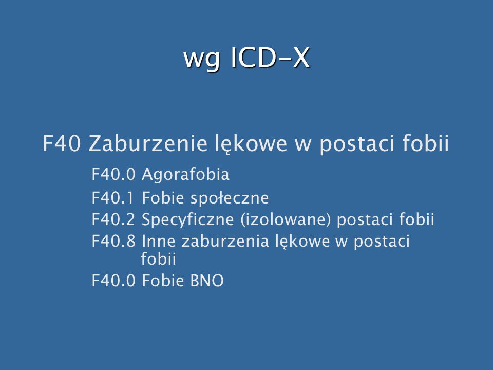 wg ICD-X F40 Zaburzenie lękowe w postaci fobii F40.0 Agorafobia