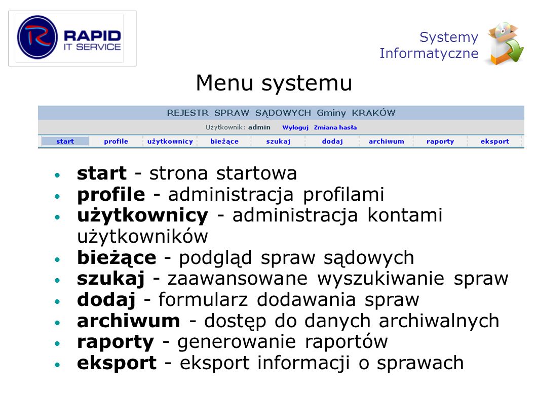 Menu systemu start - strona startowa profile - administracja profilami