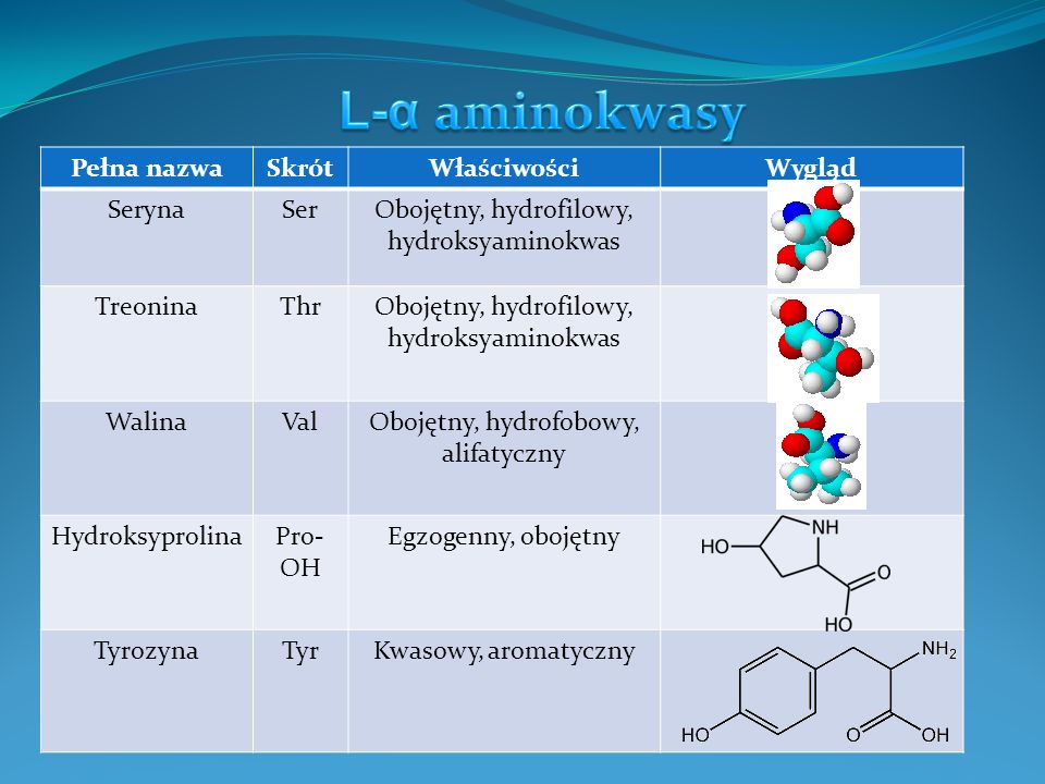 L-α aminokwasy Pełna nazwa Skrót Właściwości Wygląd Seryna Ser
