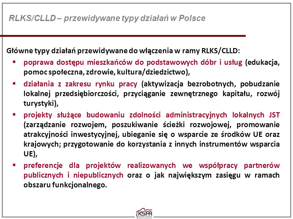RLKS/CLLD – przewidywane typy działań w Polsce
