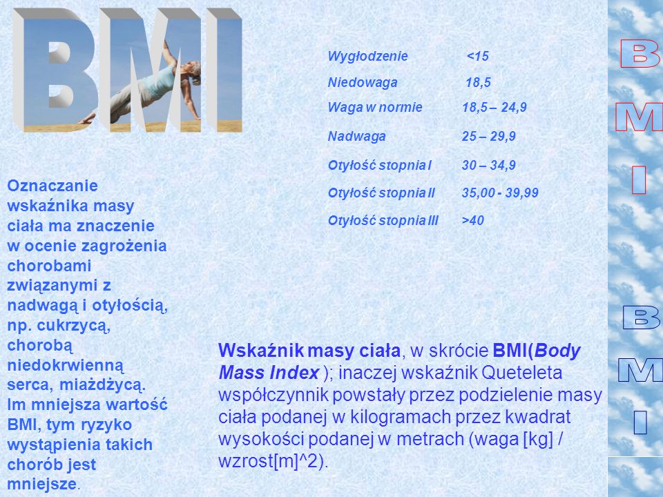 BMI Niedowaga. 18,5. Waga w normie. 18,5 – 24,9. Nadwaga. 25 – 29,9. Otyłość stopnia I. 30 – 34,9.