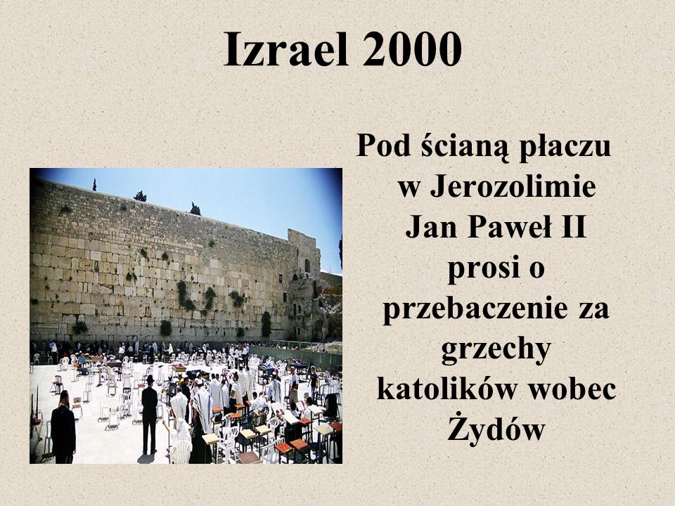 Izrael 2000 Pod ścianą płaczu w Jerozolimie Jan Paweł II prosi o przebaczenie za grzechy katolików wobec Żydów.