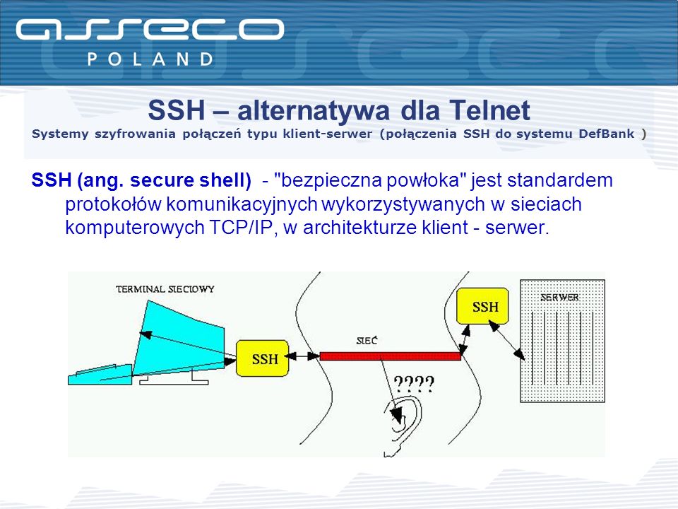 SSH – alternatywa dla Telnet Systemy szyfrowania połączeń typu klient-serwer (połączenia SSH do systemu DefBank )