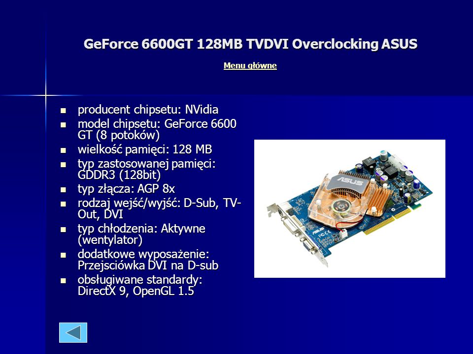 GeForce 6600GT 128MB TVDVI Overclocking ASUS Menu główne