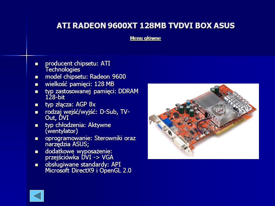 ATI RADEON 9600XT 128MB TVDVI BOX ASUS Menu główne